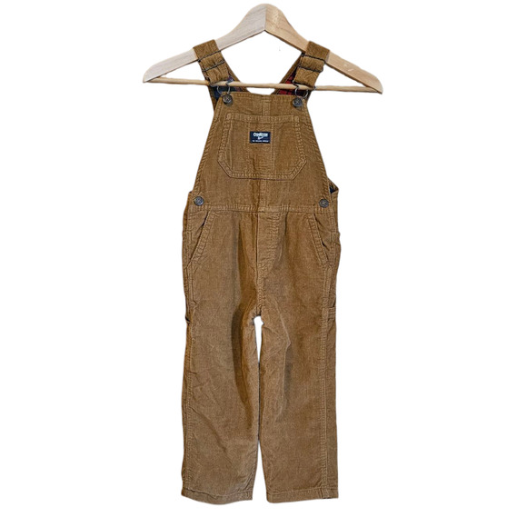 OshKosh Overalls Corduroy Brown Flannel Lined Red Blue Toddler Size 4T - Picture 1 of 7